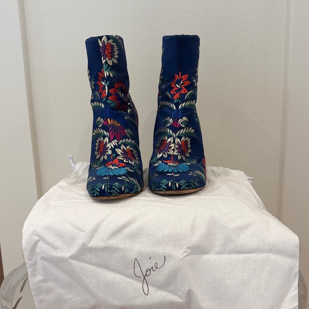 Joie Blue Floral Embroidered Ankle Booties